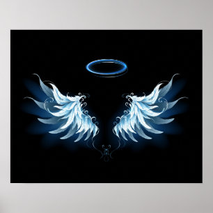 Blauwe Ggloed Angel Wings op zwarte achtergrond Poster