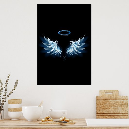 Blauwe Ggloed Angel Wings op zwarte achtergrond Poster (Keuken)
