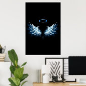 Blauwe Ggloed Angel Wings op zwarte achtergrond Poster (Thuiskantoor)