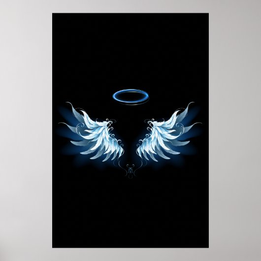 Blauwe Ggloed Angel Wings op zwarte achtergrond Poster (Voorkant)