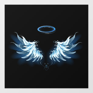 Blauwe Ggloed Angel Wings op zwarte achtergrond Raamsticker