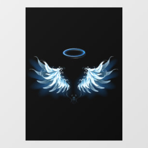 Blauwe Ggloed Angel Wings op zwarte achtergrond Raamsticker