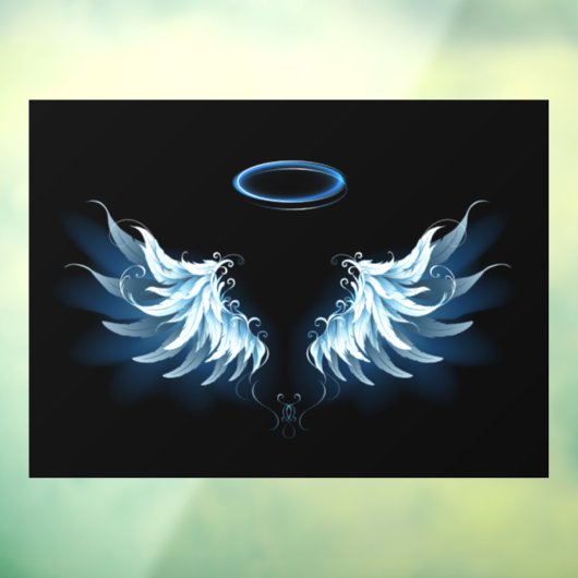 Blauwe Ggloed Angel Wings op zwarte achtergrond Raamsticker (Vel 3)