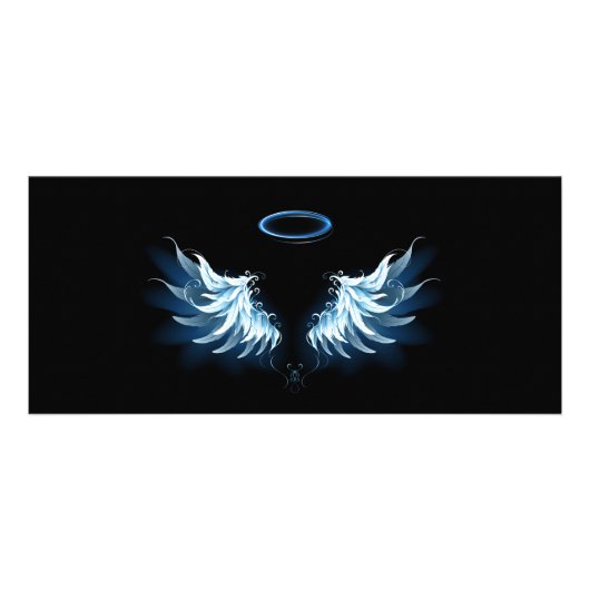 Blauwe Ggloed Angel Wings op zwarte achtergrond Reclamekaart (Voorkant)