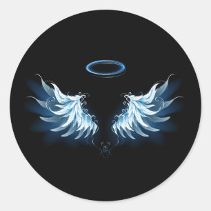Blauwe Ggloed Angel Wings op zwarte achtergrond Ronde Sticker