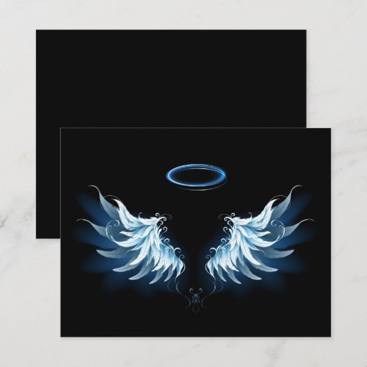 Blauwe Ggloed Angel Wings op zwarte achtergrond Save The Date (Voorkant / Achterkant)