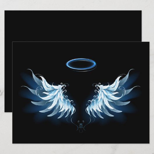 Blauwe Ggloed Angel Wings op zwarte achtergrond Save The Date (Voorkant / Achterkant)