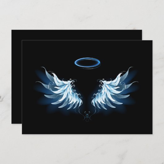 Blauwe Ggloed Angel Wings op zwarte achtergrond Save The Date (Voorkant / Achterkant)