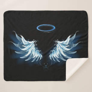 Blauwe Ggloed Angel Wings op zwarte achtergrond Sherpa Deken