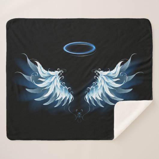 Blauwe Ggloed Angel Wings op zwarte achtergrond Sherpa Deken (Voorkant (horizontaal))