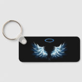 Blauwe Ggloed Angel Wings op zwarte achtergrond Sleutelhanger (Achterkant)