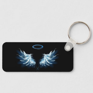 Blauwe Ggloed Angel Wings op zwarte achtergrond Sleutelhanger