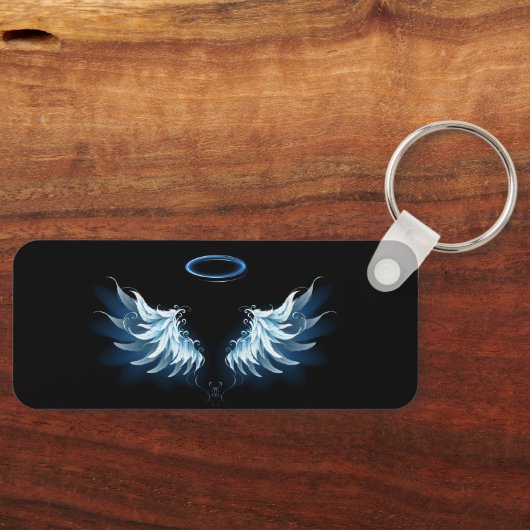 Blauwe Ggloed Angel Wings op zwarte achtergrond Sleutelhanger (Voorkant)