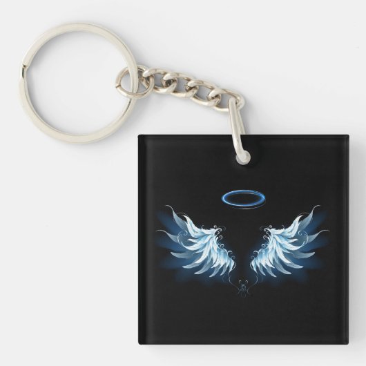 Blauwe Ggloed Angel Wings op zwarte achtergrond Sleutelhanger (voorkant)