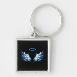 Blauwe Ggloed Angel Wings op zwarte achtergrond Sleutelhanger