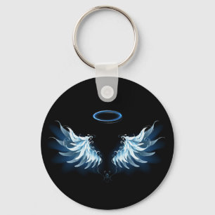 Blauwe Ggloed Angel Wings op zwarte achtergrond Sleutelhanger