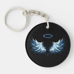 Blauwe Ggloed Angel Wings op zwarte achtergrond Sleutelhanger