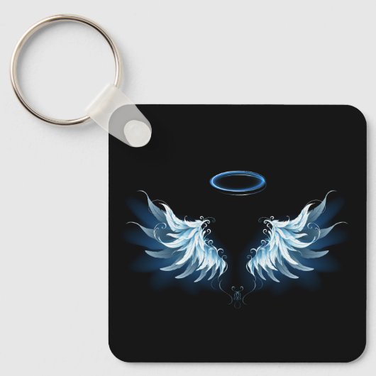 Blauwe Ggloed Angel Wings op zwarte achtergrond Sleutelhanger (Voorkant)
