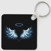 Blauwe Ggloed Angel Wings op zwarte achtergrond Sleutelhanger (Achterkant)