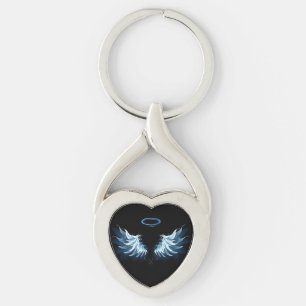Blauwe Ggloed Angel Wings op zwarte achtergrond Sleutelhanger