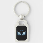 Blauwe Ggloed Angel Wings op zwarte achtergrond Sleutelhanger (Voorkant)