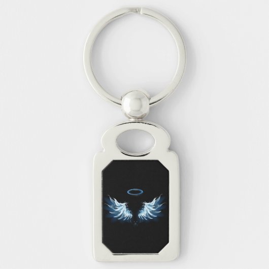Blauwe Ggloed Angel Wings op zwarte achtergrond Sleutelhanger (Voorkant)