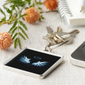 Blauwe Ggloed Angel Wings op zwarte achtergrond Sleutelhanger (Zijkant)