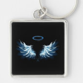 Blauwe Ggloed Angel Wings op zwarte achtergrond Sleutelhanger (Voorkant)
