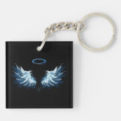 Blauwe Ggloed Angel Wings op zwarte achtergrond Sleutelhanger (Achterkant)