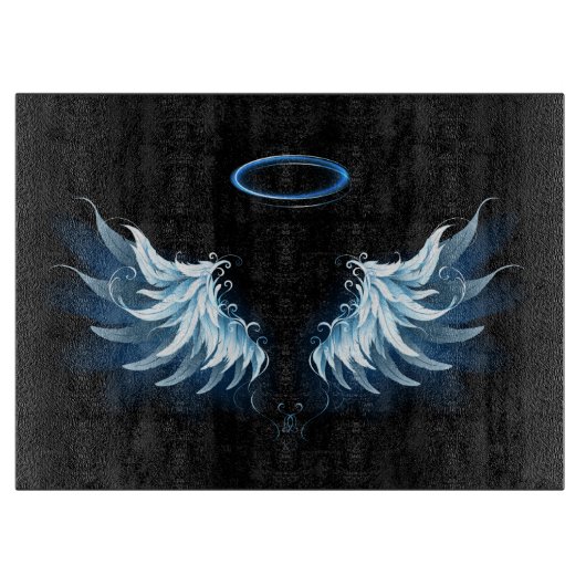 Blauwe Ggloed Angel Wings op zwarte achtergrond Snijplank (Voorkant)