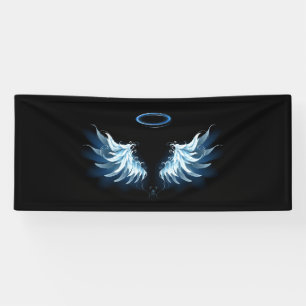 Blauwe Ggloed Angel Wings op zwarte achtergrond Spandoek