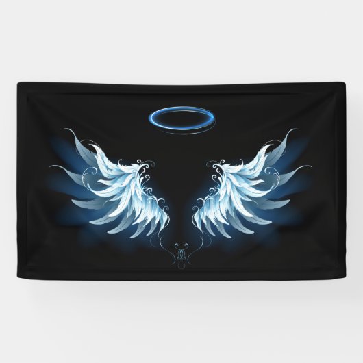 Blauwe Ggloed Angel Wings op zwarte achtergrond Spandoek (Horizontaal)
