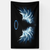 Blauwe Ggloed Angel Wings op zwarte achtergrond Spandoek (Verticaal)
