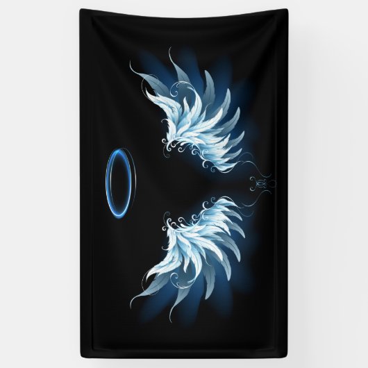 Blauwe Ggloed Angel Wings op zwarte achtergrond Spandoek (Verticaal)