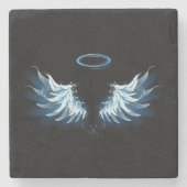 Blauwe Ggloed Angel Wings op zwarte achtergrond Stenen Onderzetter (Voorkant)