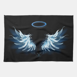 Blauwe Ggloed Angel Wings op zwarte achtergrond Theedoek