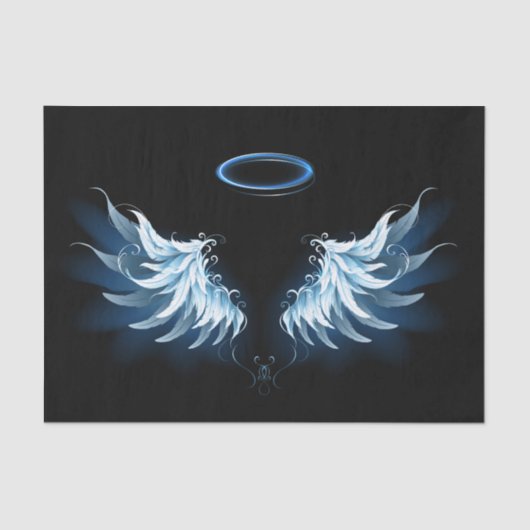 Blauwe Ggloed Angel Wings op zwarte achtergrond Tissuepapier (Voorkant)
