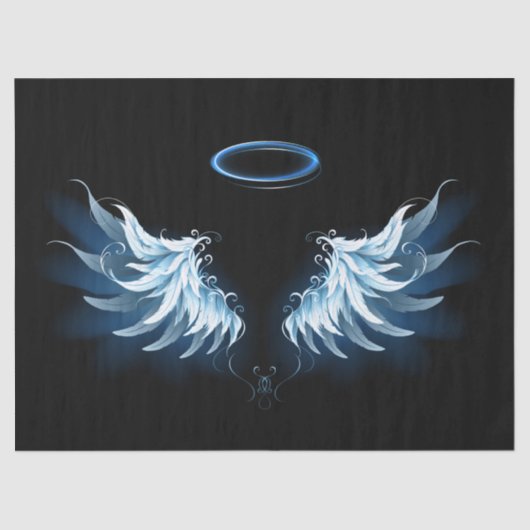 Blauwe Ggloed Angel Wings op zwarte achtergrond Tissuepapier (Voorkant)