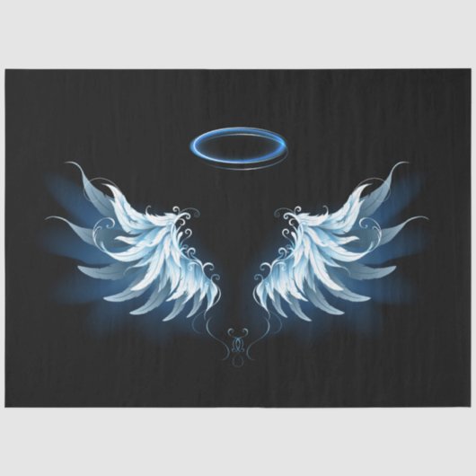 Blauwe Ggloed Angel Wings op zwarte achtergrond Tissuepapier (Voorkant)