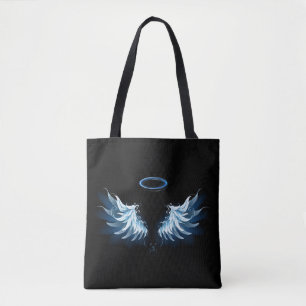 Blauwe Ggloed Angel Wings op zwarte achtergrond Tote Bag
