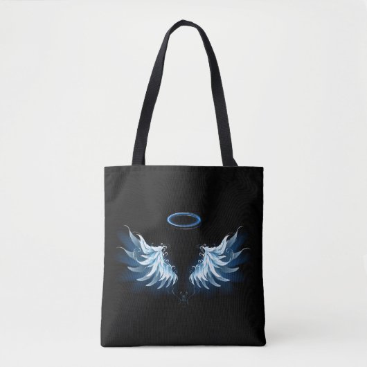 Blauwe Ggloed Angel Wings op zwarte achtergrond Tote Bag (Voorkant)