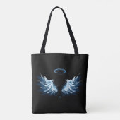 Blauwe Ggloed Angel Wings op zwarte achtergrond Tote Bag (Achterkant)