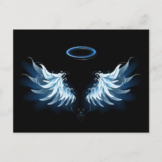 Blauwe Ggloed Angel Wings op zwarte achtergrond Uitnodiging Briefkaart (Voorkant)