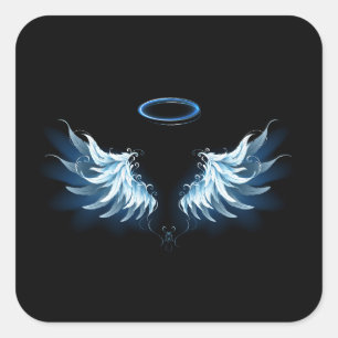 Blauwe Ggloed Angel Wings op zwarte achtergrond Vierkante Sticker