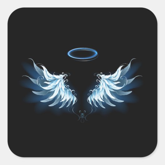 Blauwe Ggloed Angel Wings op zwarte achtergrond Vierkante Sticker (Voorkant)