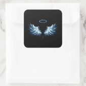 Blauwe Ggloed Angel Wings op zwarte achtergrond Vierkante Sticker (Tas)