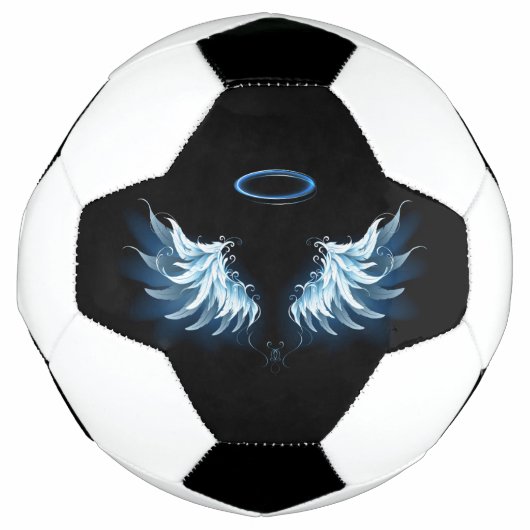 Blauwe Ggloed Angel Wings op zwarte achtergrond Voetbal (Voorkant)
