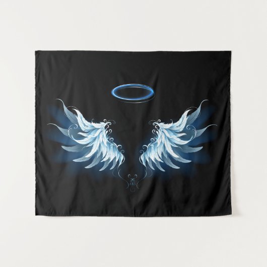 Blauwe Ggloed Angel Wings op zwarte achtergrond Wandkleed (Voorkant (horizontaal))