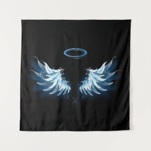Blauwe Ggloed Angel Wings op zwarte achtergrond Wandkleed
