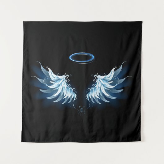 Blauwe Ggloed Angel Wings op zwarte achtergrond Wandkleed (Voorkant (horizontaal))